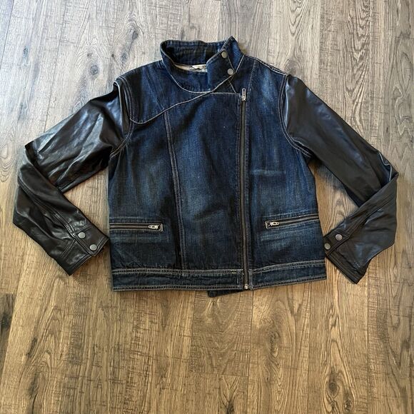 Rag & Bone  Women Jeans Jacket LargeMotor Lamb Leather Sleeves - Picture 1 of 5